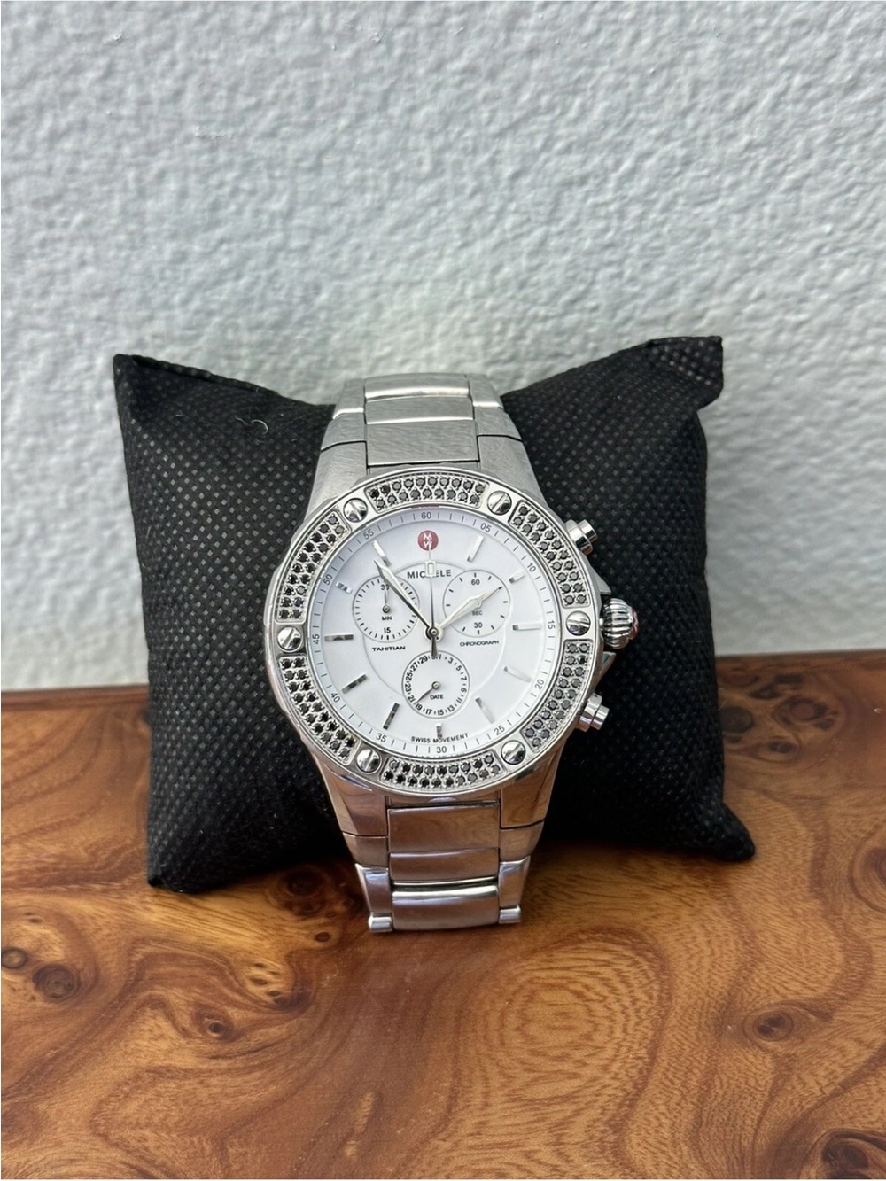 Unique & Rare Michele Tahitian Black Diamond & SS Band Chronograph Ladies Watch